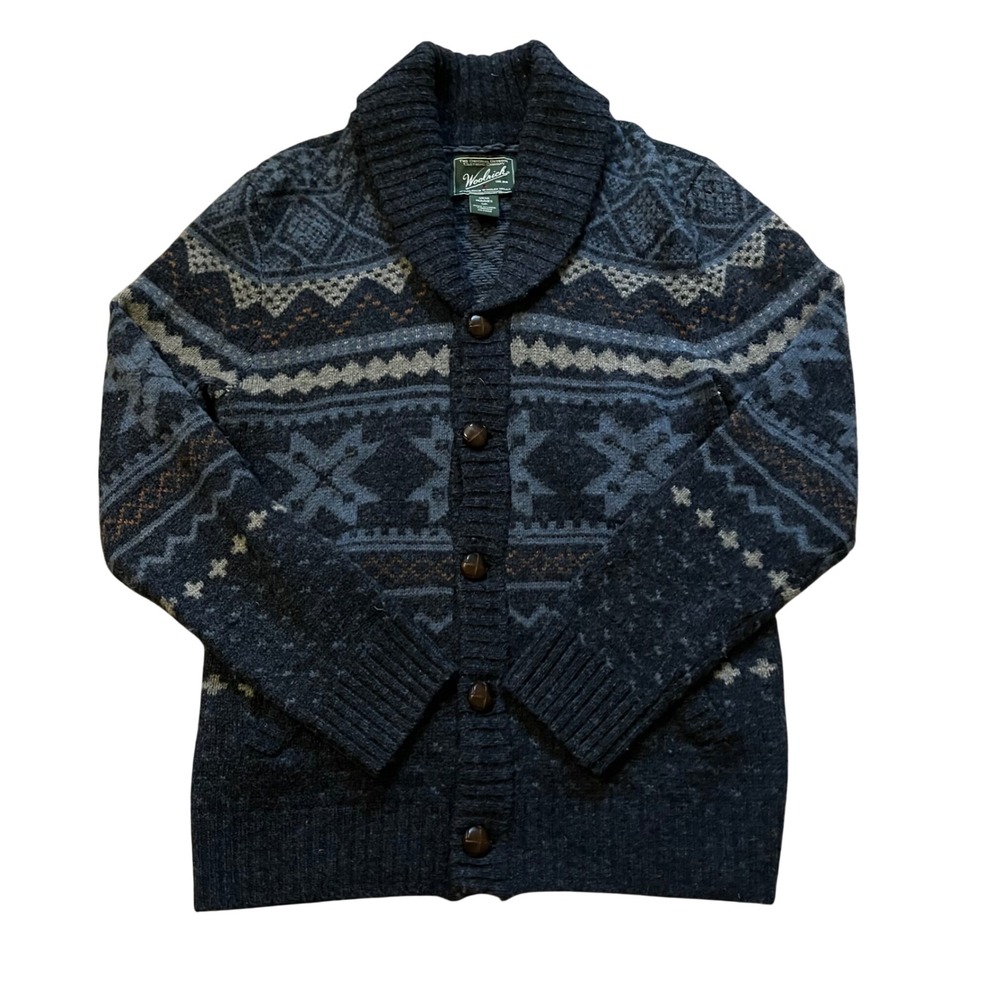 Woolrich Mens Fair Isle Shawl Collar Cardigan Wool Blend Sweater Grey Blue S
